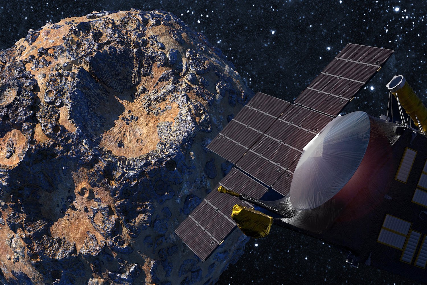 An illustration of the Psyche spacecraft and its asteroid