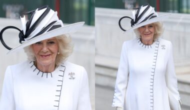 LONDON, ENGLAND - MAY 08: Queen Camilla smiles as she departs the Thanksgiving Service to mark the 80th anniversary of VE Day at Westminster Abbey on May 08, 2025 in London, England. The King and Queen, joined by members of the Royal Family, will take part in events from May 5th to May 8th to commemorate the 80th Anniversary of VE Day, which signalled the end of the Second World War in Europe. (Photo by Chris Jackson/Getty Images)