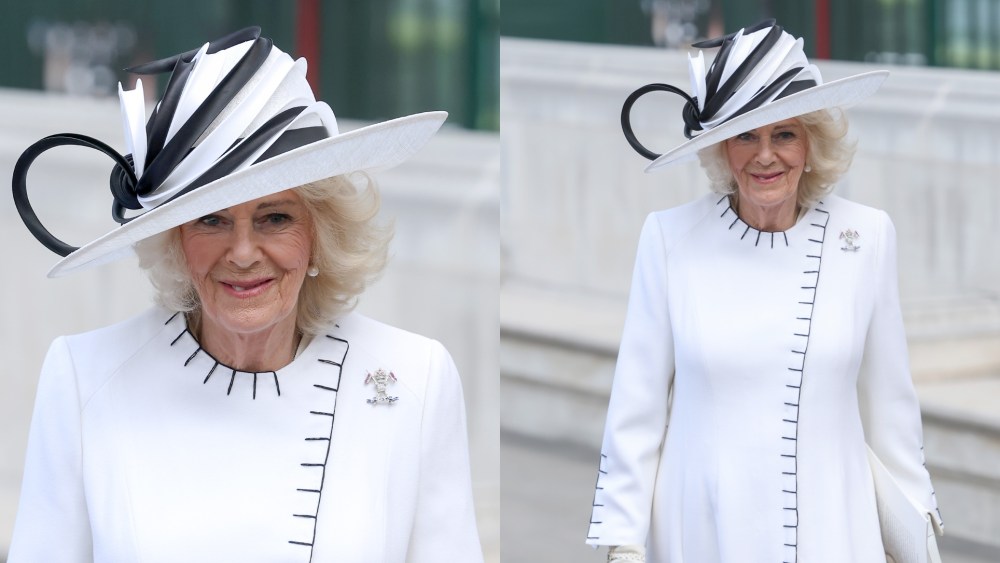 LONDON, ENGLAND - MAY 08: Queen Camilla smiles as she departs the Thanksgiving Service to mark the 80th anniversary of VE Day at Westminster Abbey on May 08, 2025 in London, England. The King and Queen, joined by members of the Royal Family, will take part in events from May 5th to May 8th to commemorate the 80th Anniversary of VE Day, which signalled the end of the Second World War in Europe. (Photo by Chris Jackson/Getty Images)