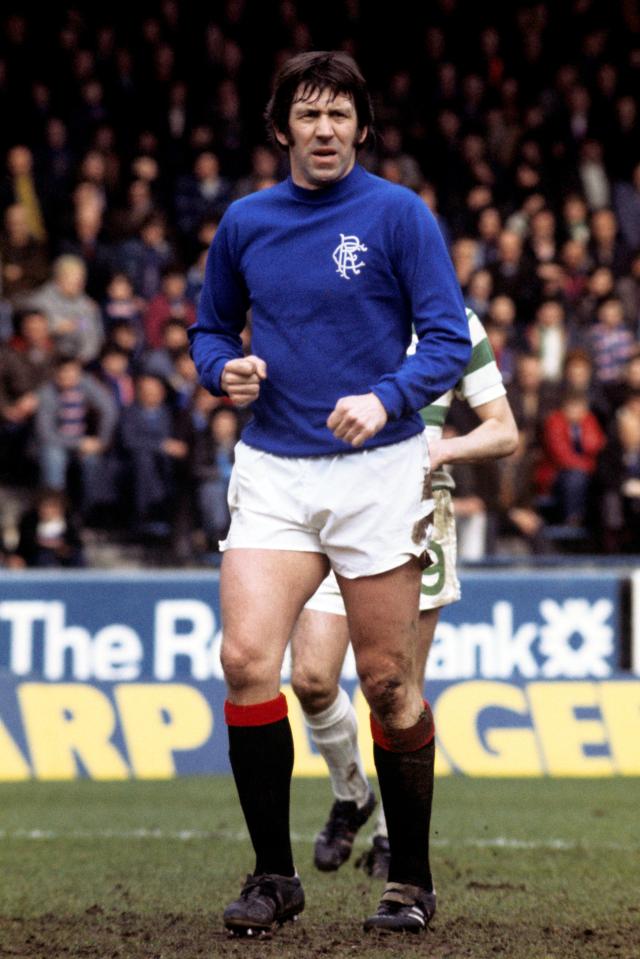 John Greig, Rangers player, on a soccer field.