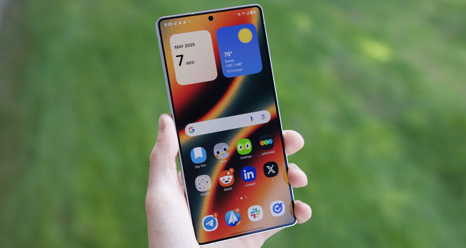 The Samsung Galaxy S25 Ultra, showing its home screen.