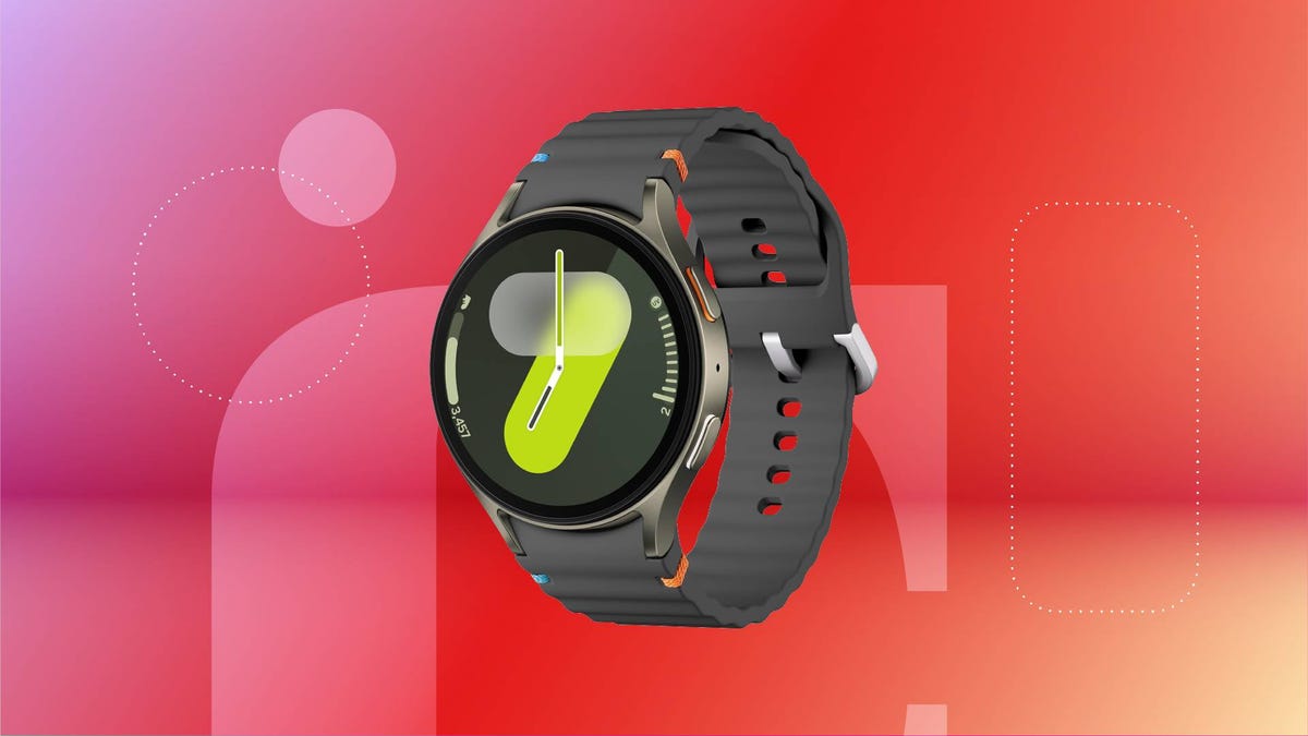 A Samsung Galaxy 7 smartwatch against a red gradient CNET background.
