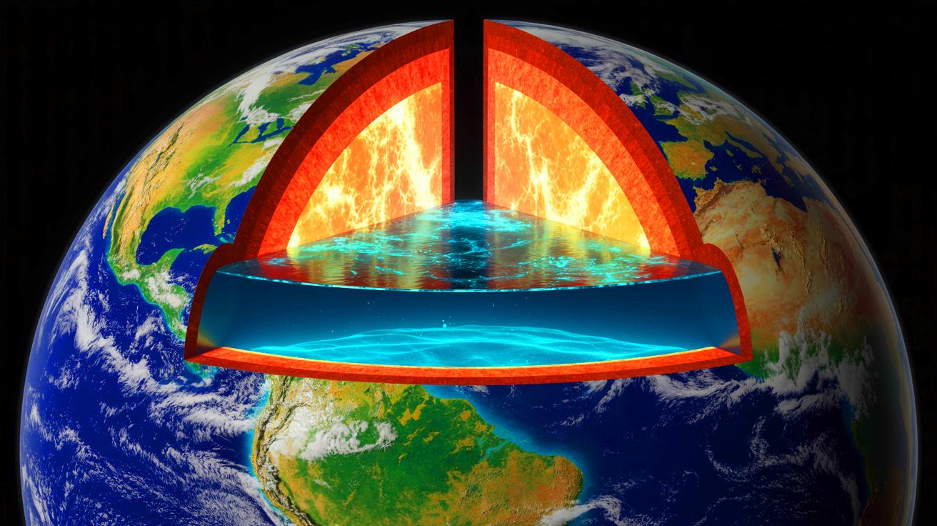 Illustration of a hidden ocean trapped within Earth's mantle beneath the surface (AI-generated, unrealistic). Credit: Ideogram.