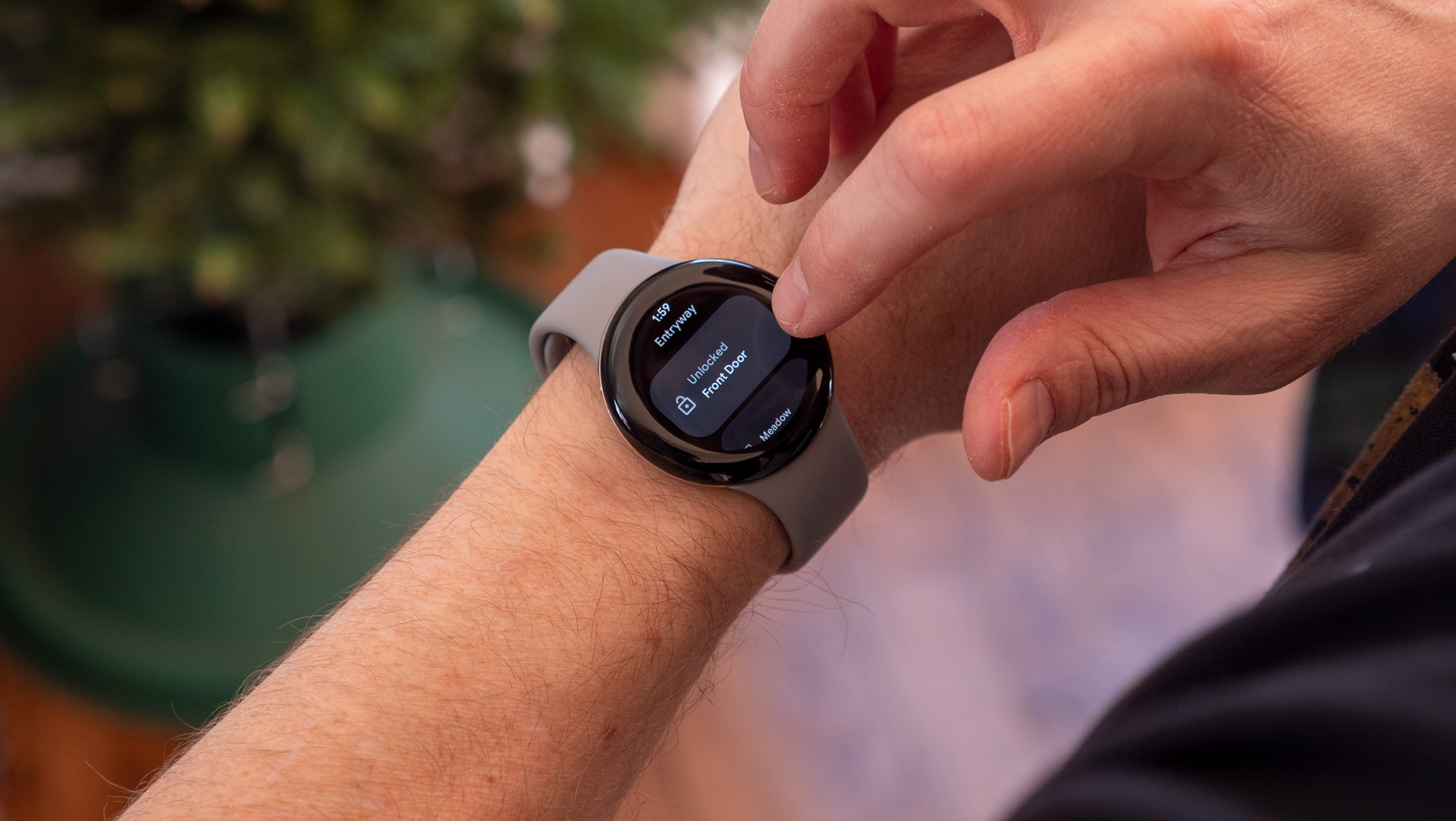 Unlocking the front door with the Google Home app on a Google Pixel Watch