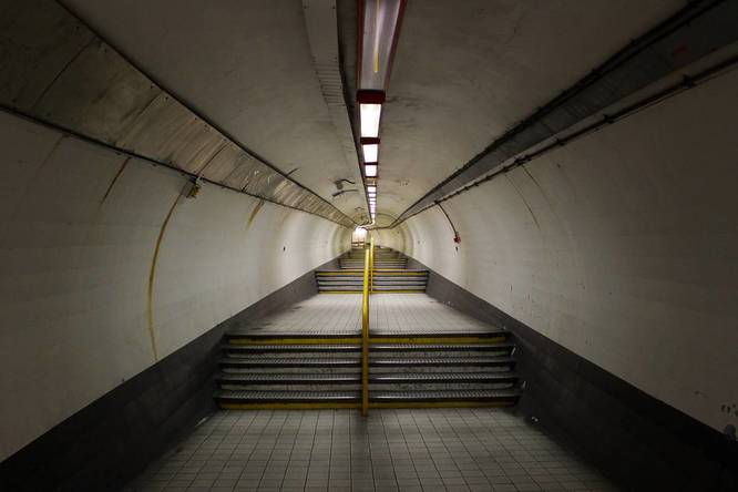 An empty stairway at a London Underground station
