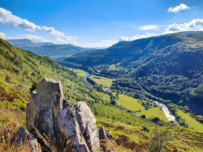 A view across Snowdonia national park on a sunny day