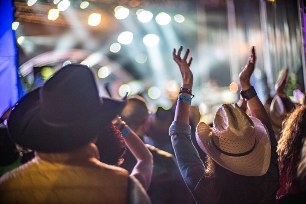 a crowd wearing cowboy hats dancing at a music festival