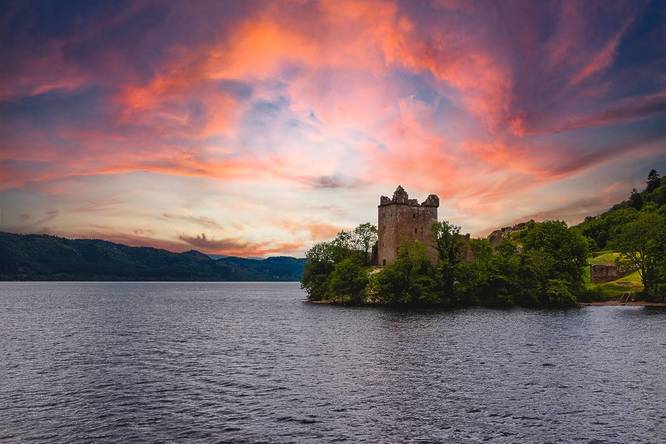 A view across Loch Ness to a castle