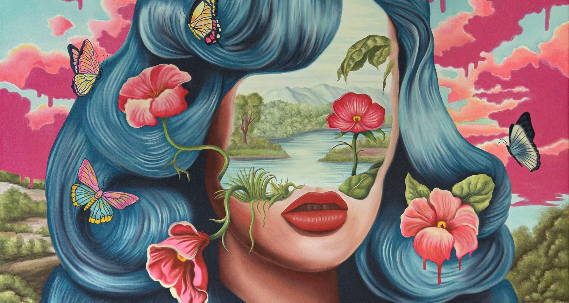 a surreal oil painting of a portrait of a woman with blue hair, a landscape in place of her face, and flowers in her hair
