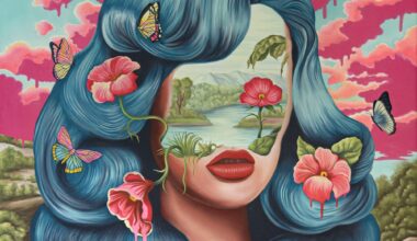 a surreal oil painting of a portrait of a woman with blue hair, a landscape in place of her face, and flowers in her hair