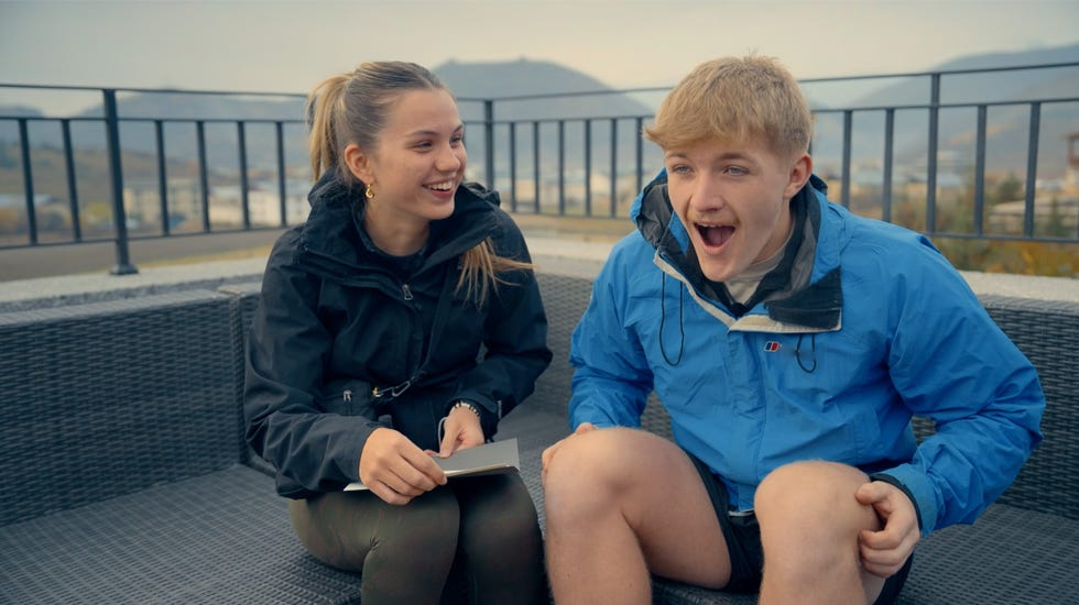 race across the world, sioned and fin laughing together