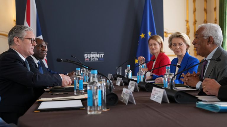 (left to right) Prime Minister Sir Keir Starmer and Foreign Secretary David Lammy speak to European Union High Representative for Foreign Affairs and Security Policy Kaja Kallas, European Commission President Ursula von der Leyen and European Council President Antonio Costa during a meeting at the UK-EU Summit at Lancaster House, in central London. Picture date: Monday May 19, 2025.