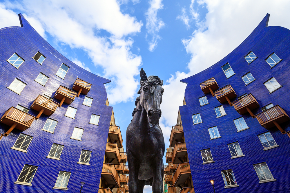 Horse sculture in the middle of 'The Circle', a postmodern housing and office complex in London.