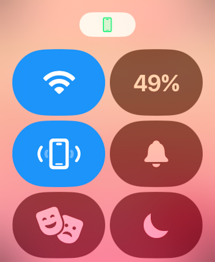 The Control Center of an Apple Watch with the Ping My iPhone icon active.