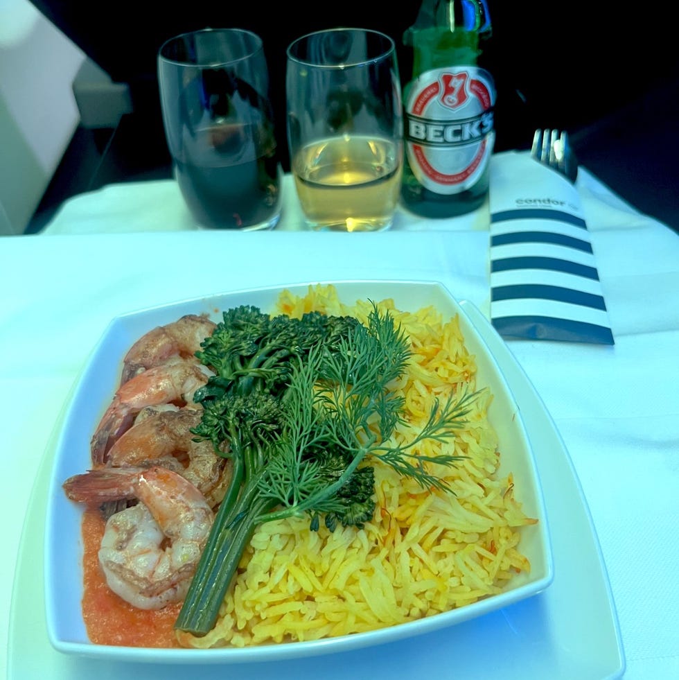 a plate of food and beer