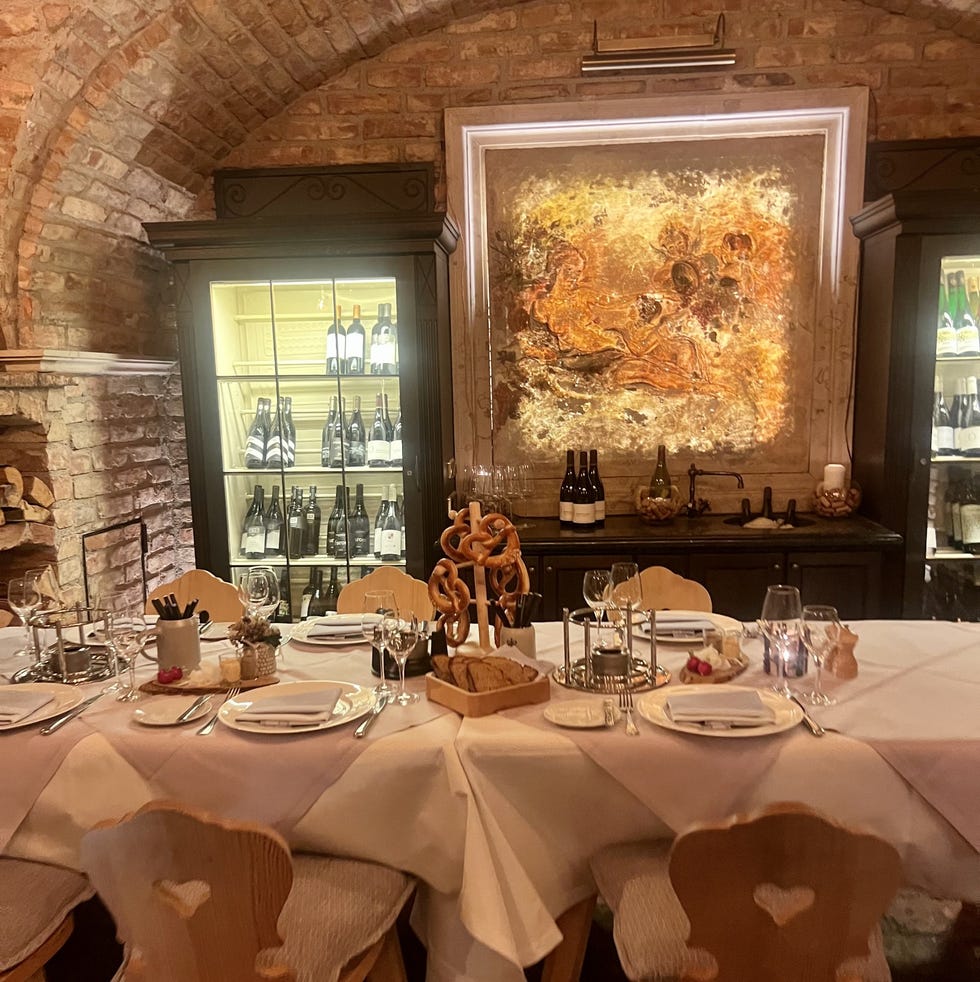 a dining room with a large window