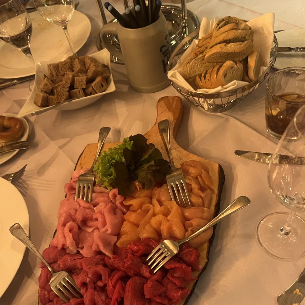 a table is filled with food