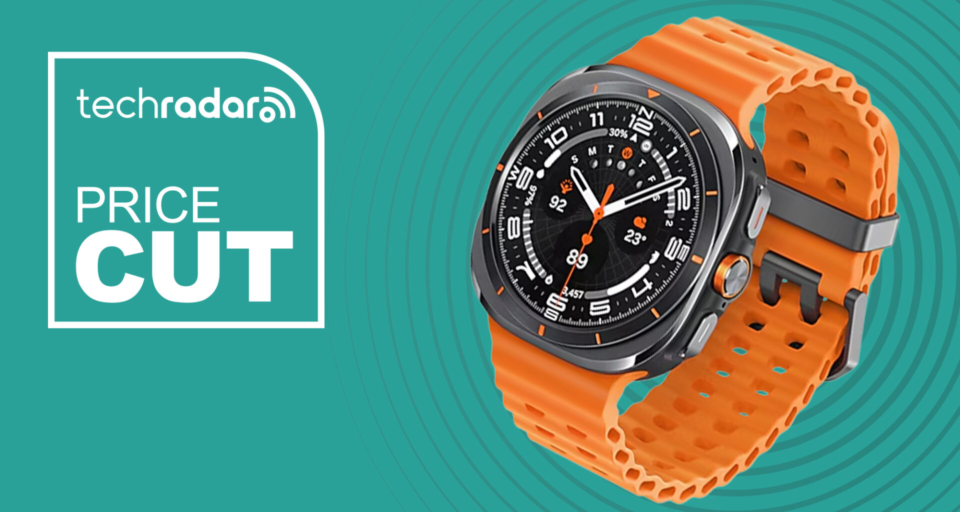 The Samsung Galaxy Watch Ultra in front of a green background