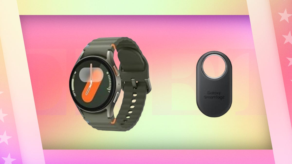 A Samsung Galaxy 7 smartwatch against a red gradient CNET background.