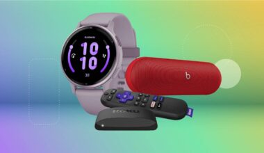 A smartwatch, bluetooth speaker and streaming device and remove against a green gradient CNET background.