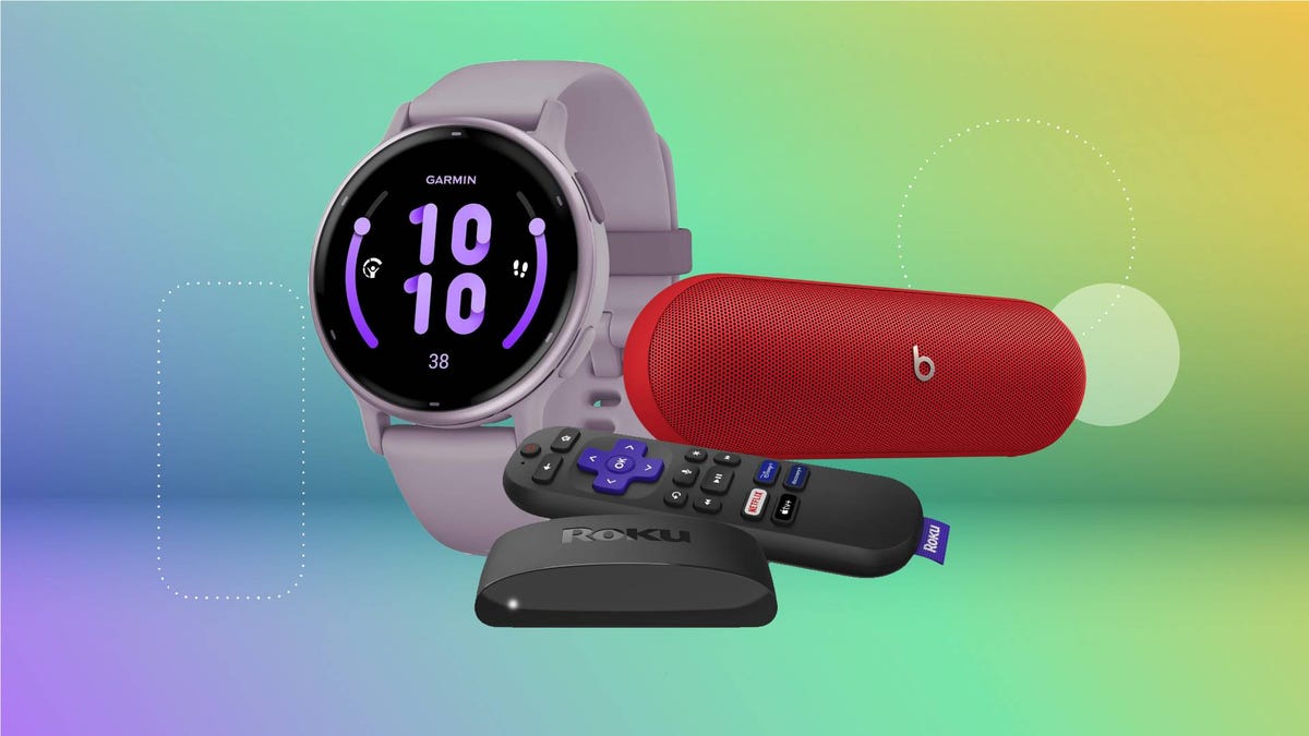 A smartwatch, bluetooth speaker and streaming device and remove against a green gradient CNET background.