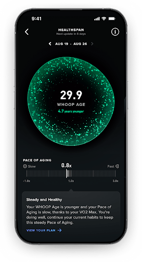 Whoop app render showing the new Healthspan metric that shows a Whoop Age of 29.9 and the user’s pace of aging.