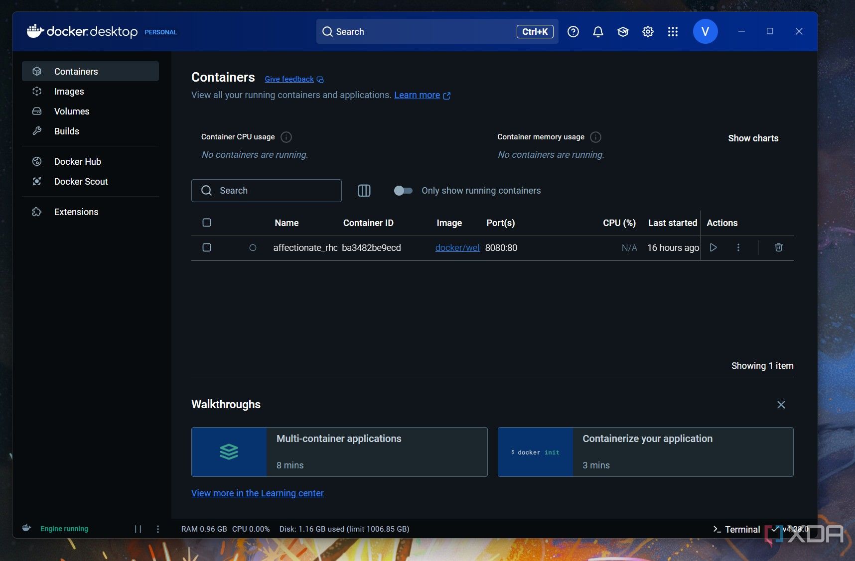 A screenshot of the Docker container manager