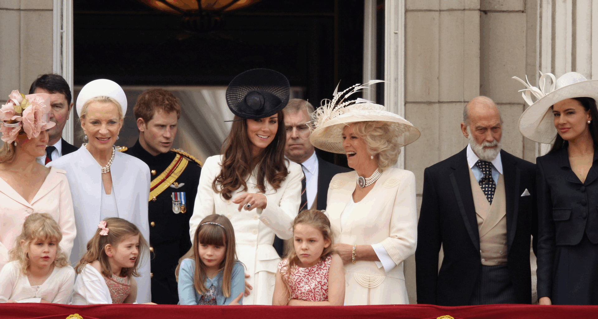 Prince Michael of Kent and Sophie Winkleman, Queen Camilla, Kate Middleton, Princess Michael of Kent, Duchess Sophie, Prince Harry on the balcony at Buckingham Palace
