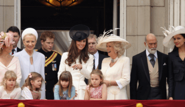 Prince Michael of Kent and Sophie Winkleman, Queen Camilla, Kate Middleton, Princess Michael of Kent, Duchess Sophie, Prince Harry on the balcony at Buckingham Palace