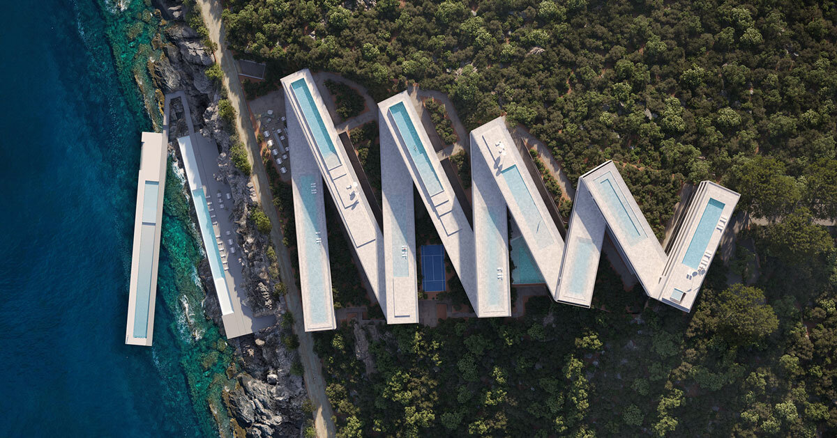zig-zag resort extends linear terraces and pools along albania’s rugged coastline