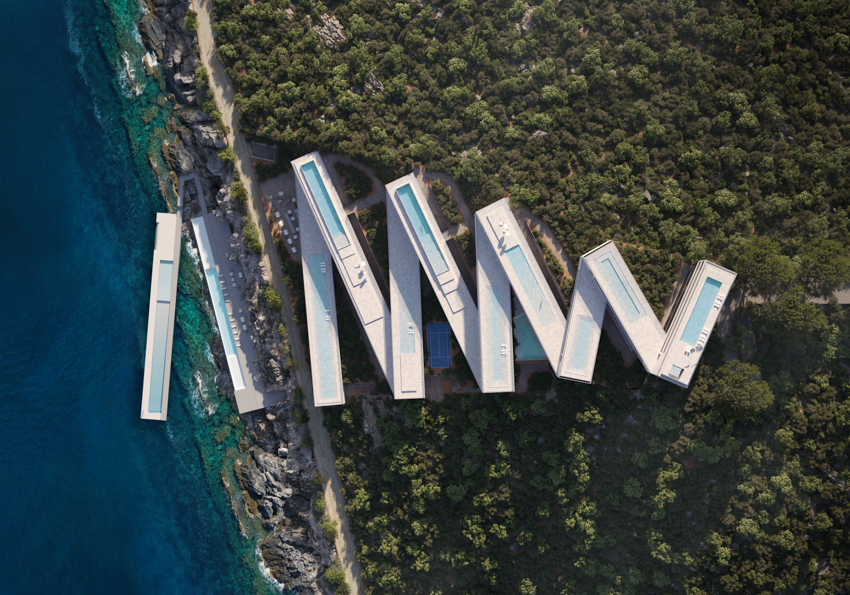zig-zag resort extends linear terraces and infinity pools along albania’s rugged coastline