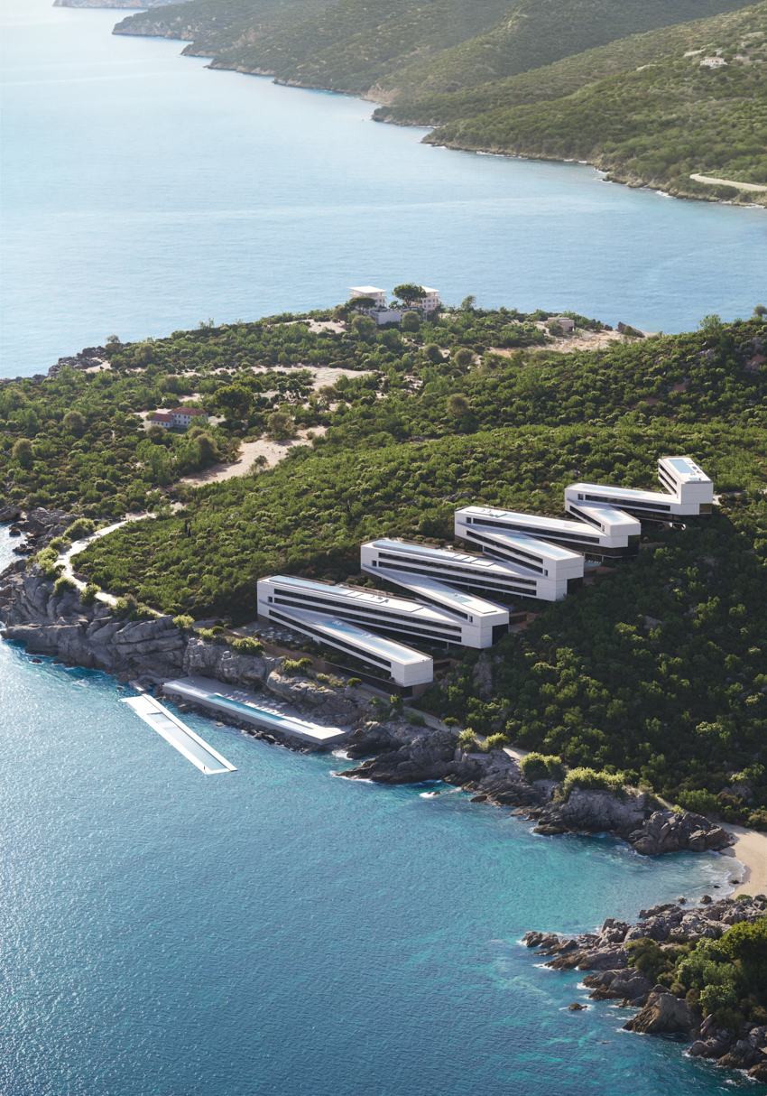 zig-zag resort extends linear terraces and infinity pools along albania’s rugged coastline