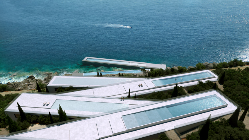 zig-zag resort extends linear terraces and infinity pools along albania’s rugged coastline