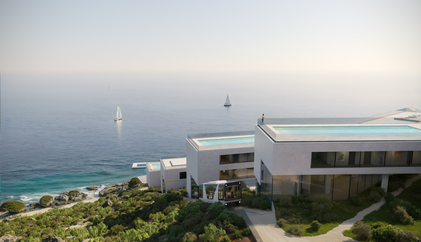 zig-zag resort extends linear terraces and infinity pools along albania’s rugged coastline