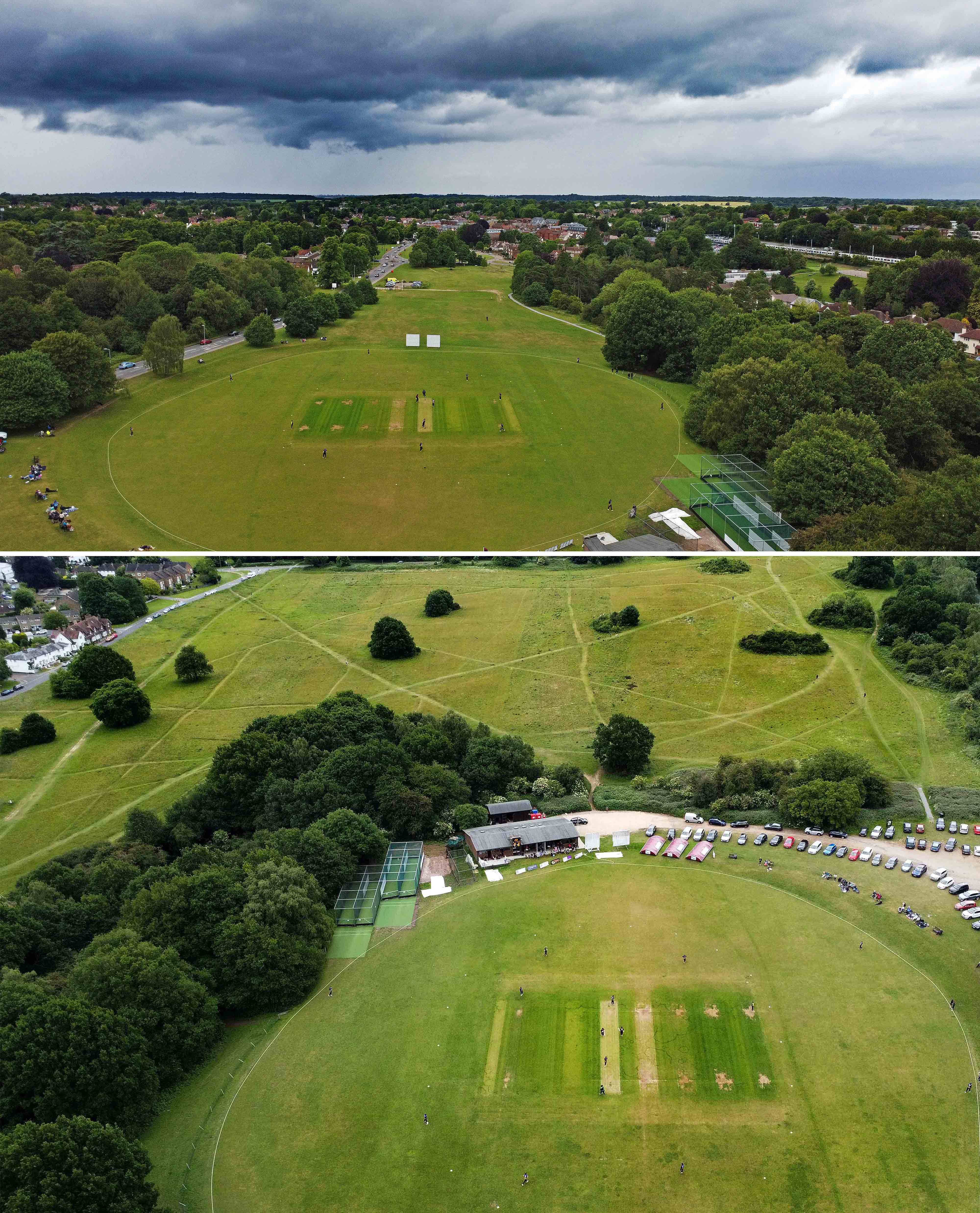 Aerial view of two cricket pitches.