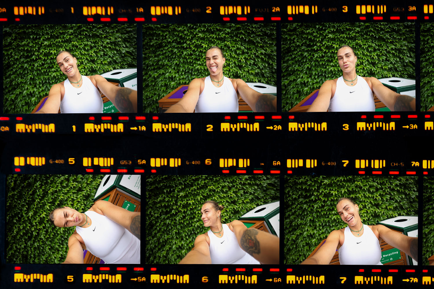 Collage of a tennis player taking selfies in front of a green ivy wall.