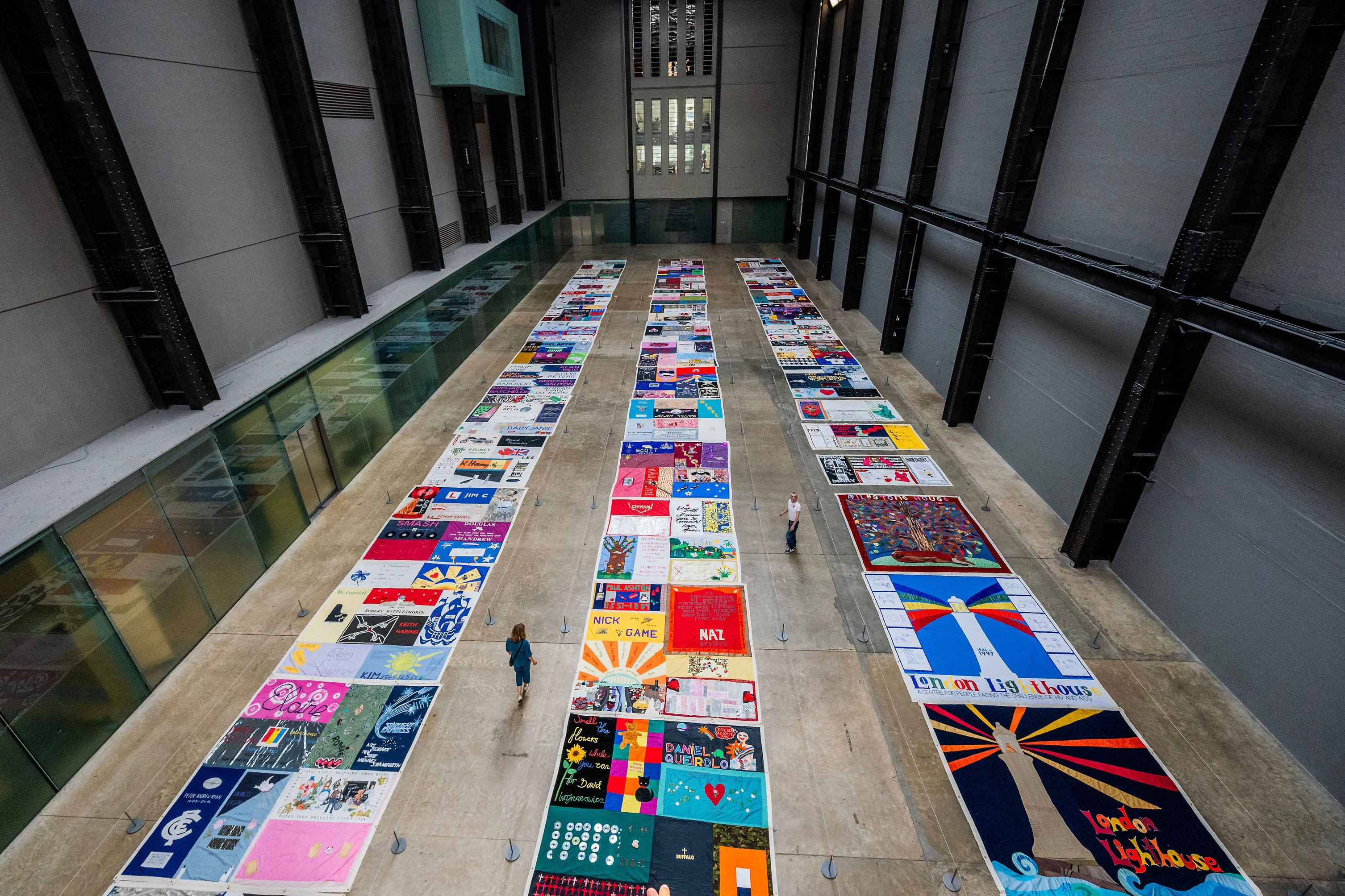 The UK AIDS Memorial Quilt displayed in the Tate Modern's Turbine Hall.