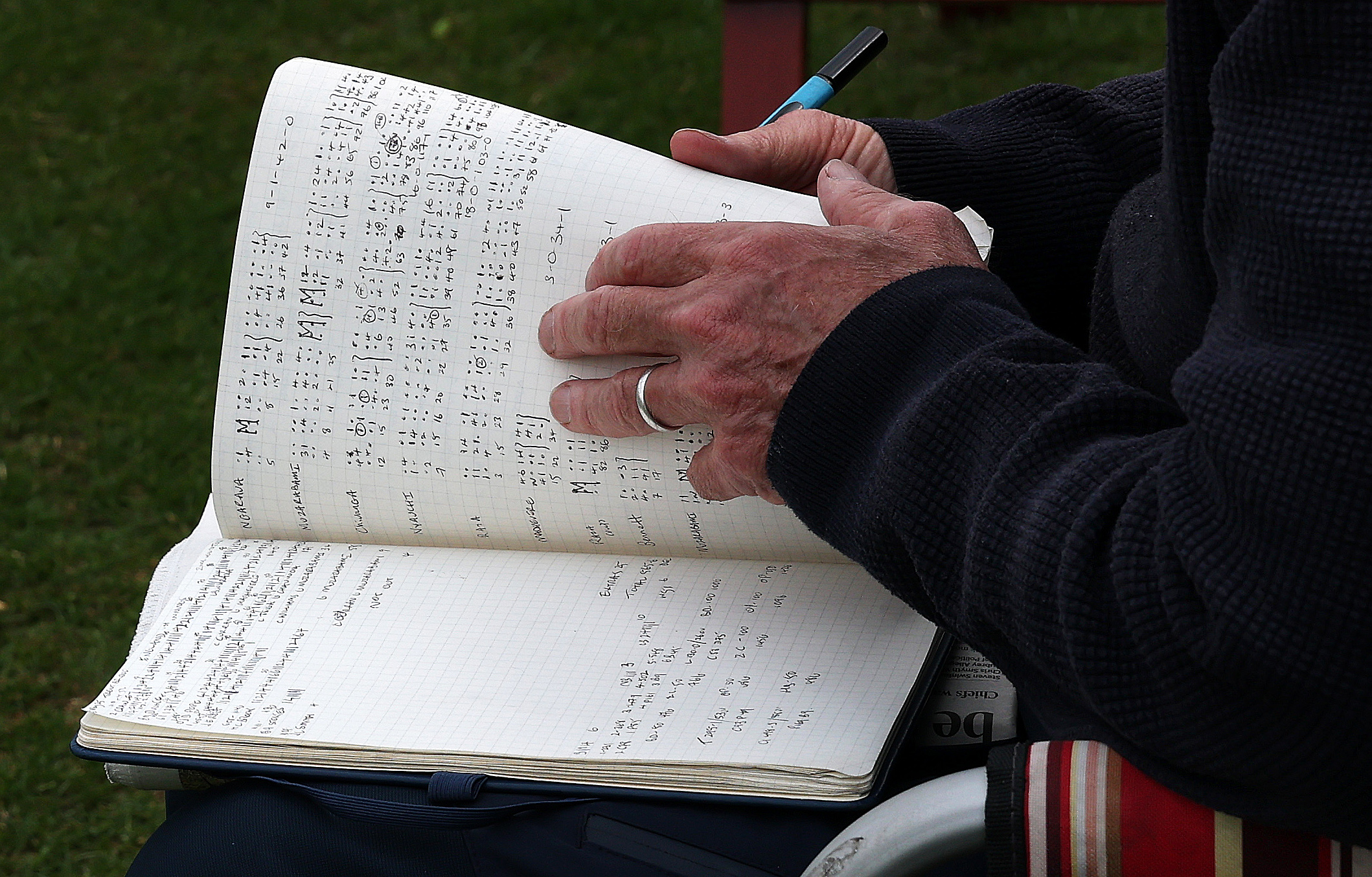 Close-up of a person's hands holding a notebook filled with handwritten cricket scorekeeping.