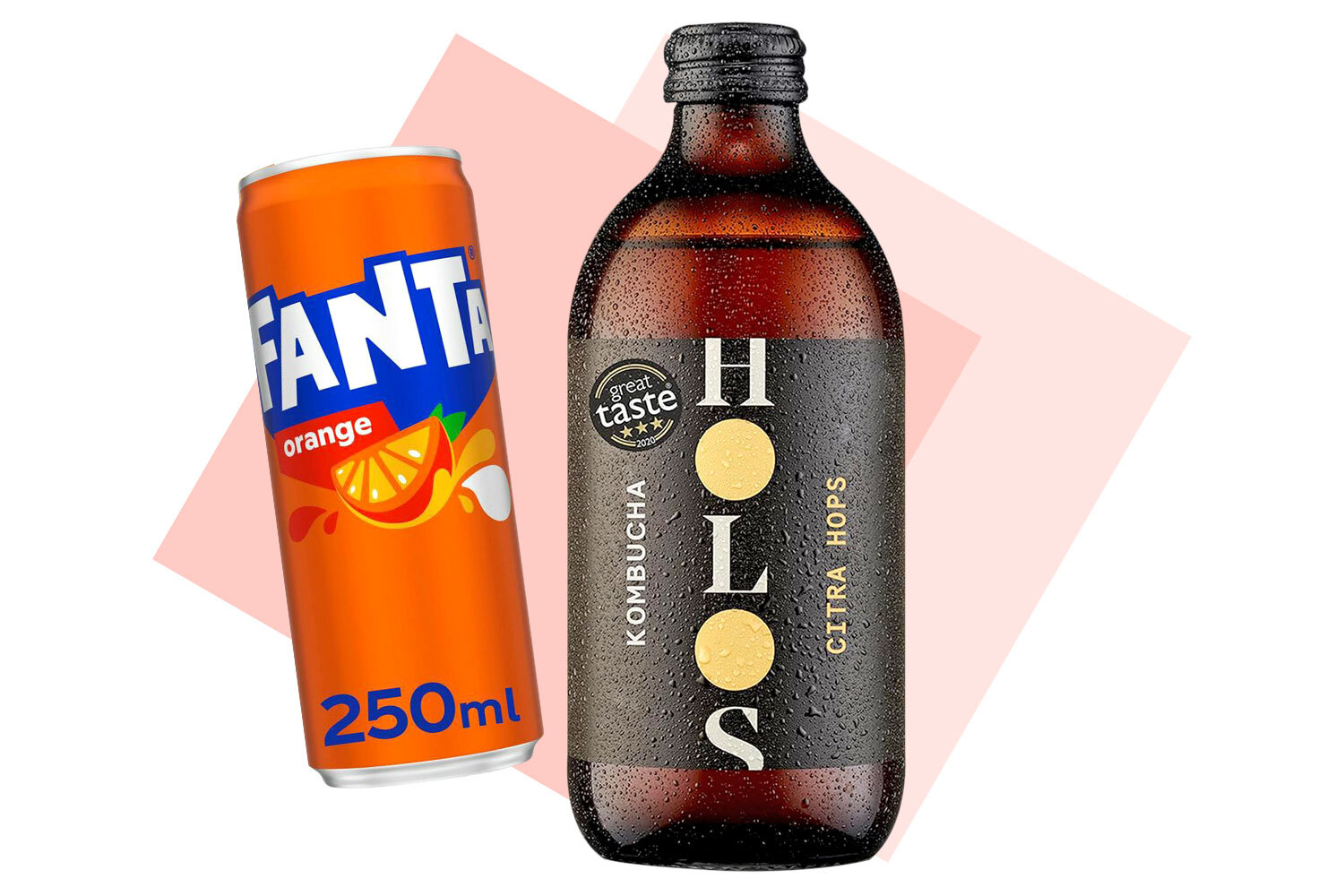 Fanta orange can and bottle of kombucha.