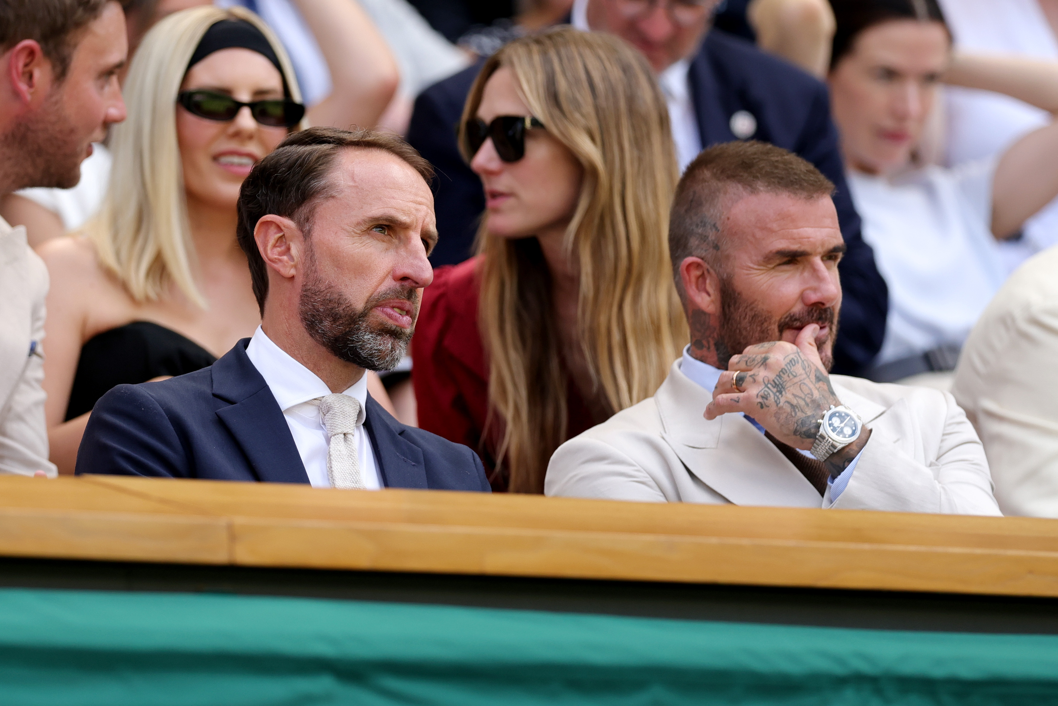Sir Gareth Southgate and Sir David Beckham in the Royal Box prior to the match between Fabio Fognini of Italy and Carlos Alcaraz