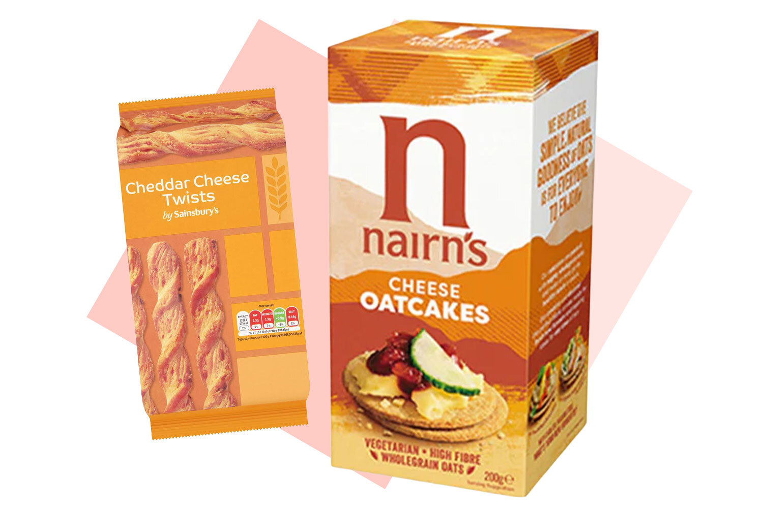 Package of Sainsbury's Cheddar Cheese Twists and a box of Nairn's Cheese Oatcakes.