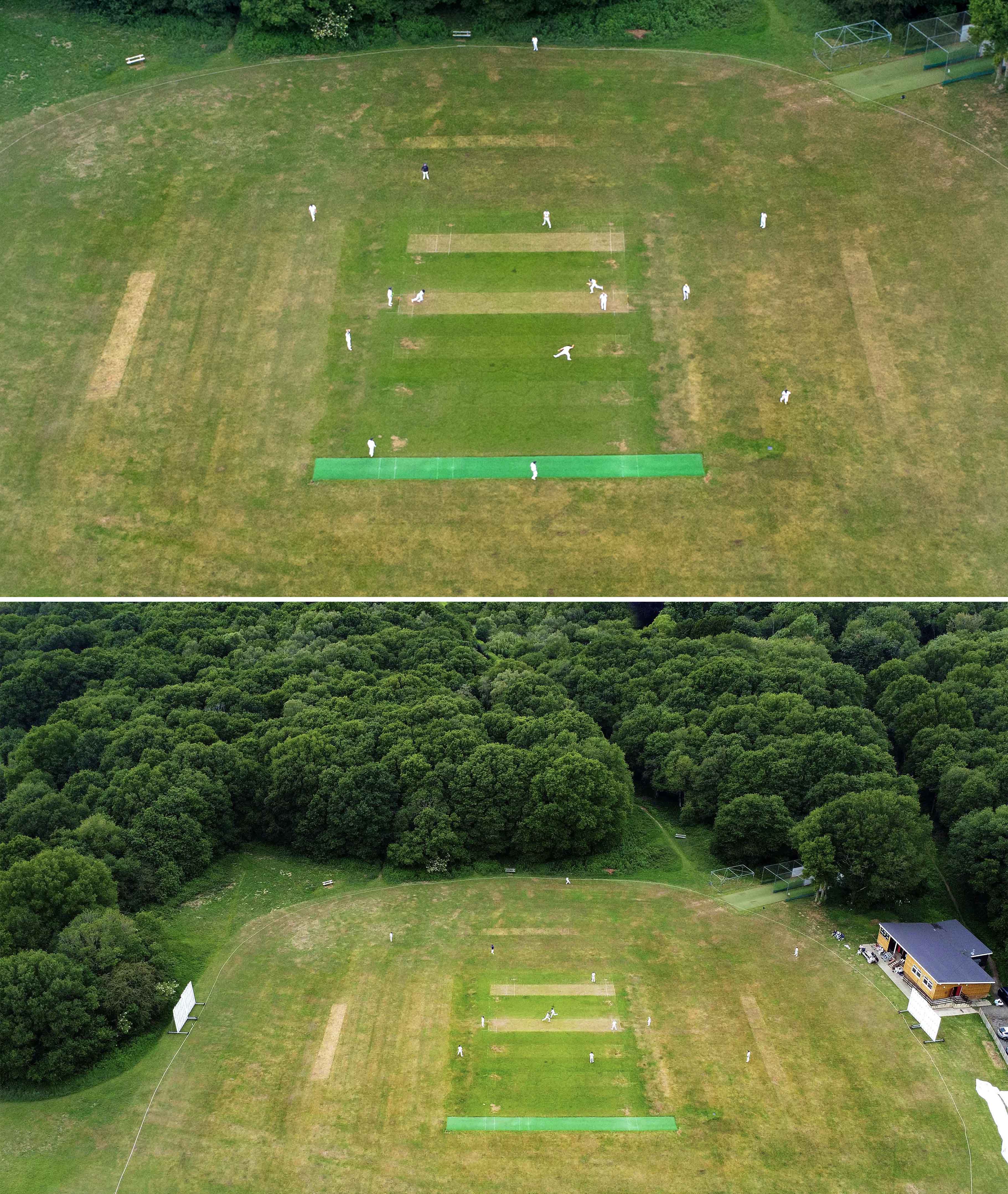 Aerial view of two cricket matches in progress.
