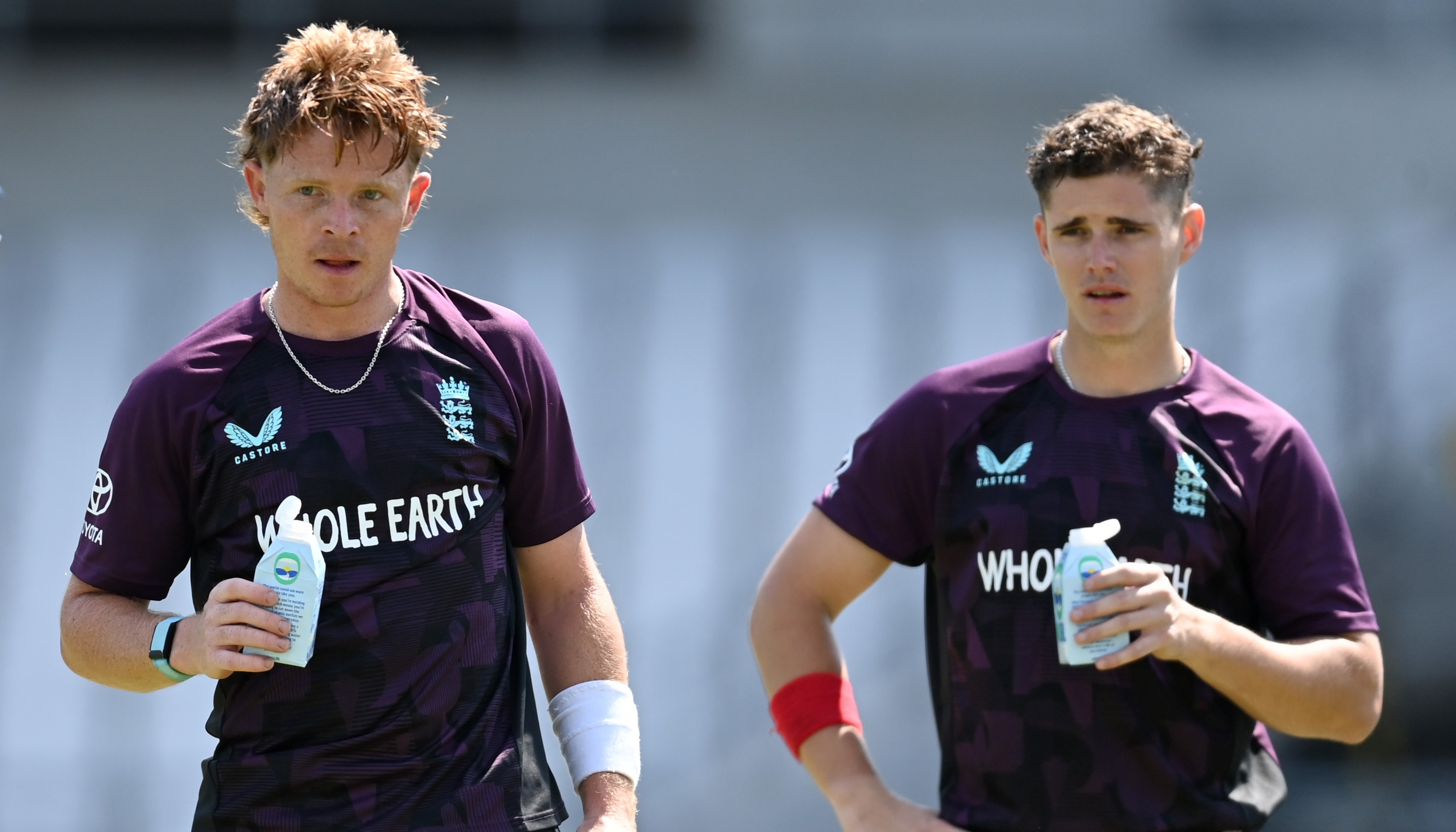 Ollie Pope and Jacob Bethell of England during a cricket nets session.