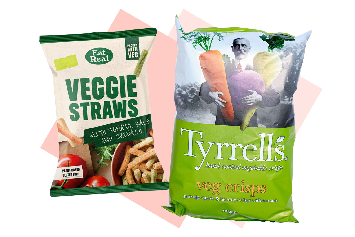Collage of two bags of vegetable snacks: veggie straws and Tyrrells veg crisps.