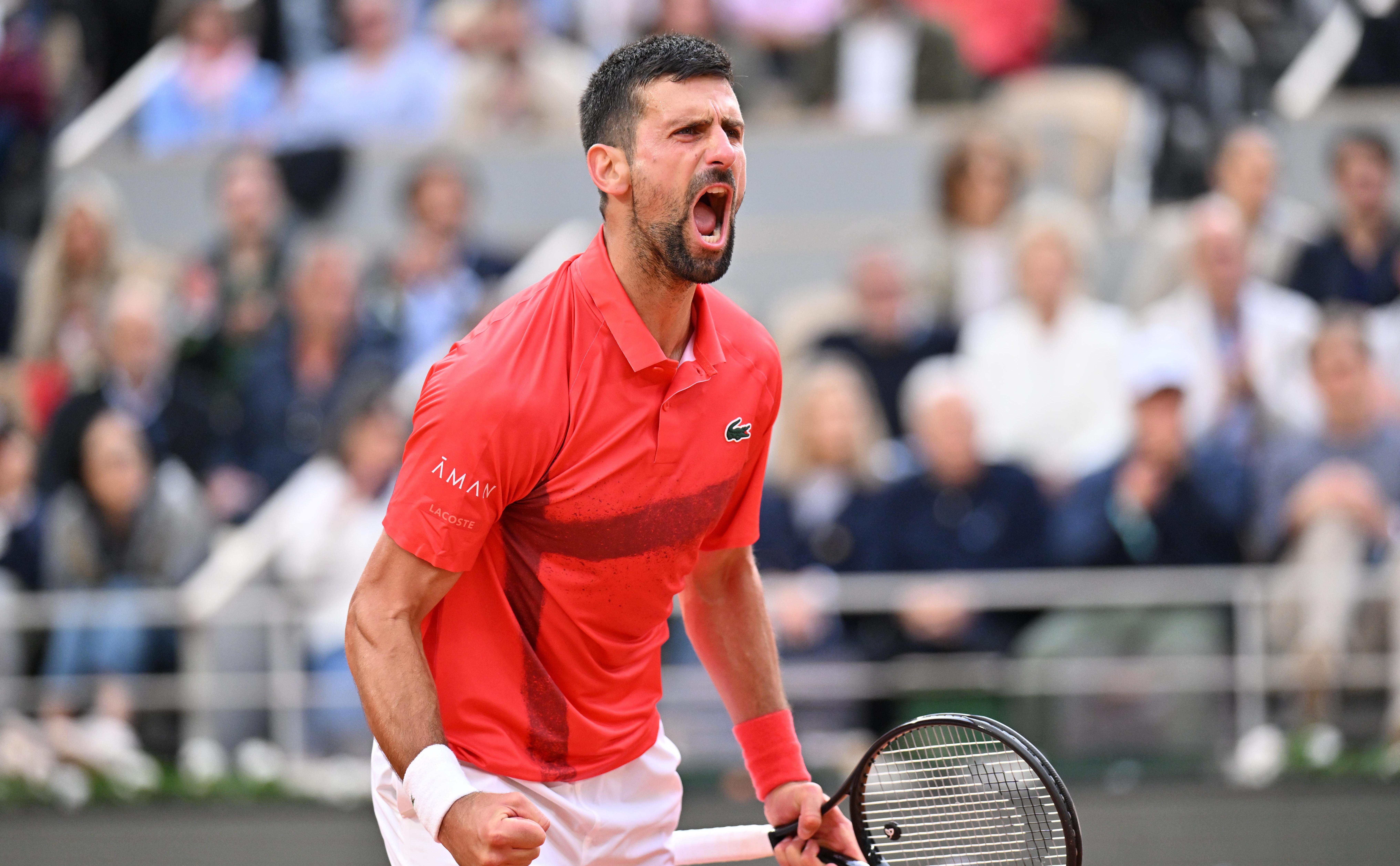 Novak Djokovic reacting during a tennis match.
