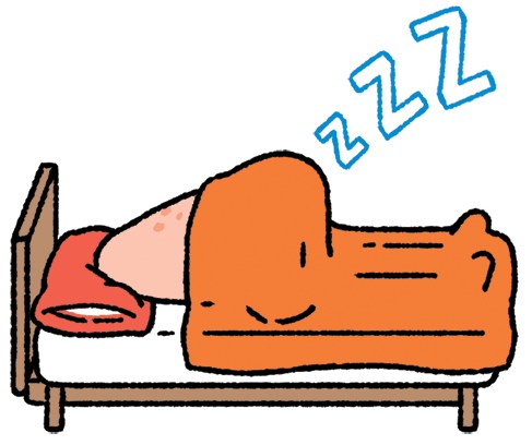Illustration of a person sleeping soundly under a blanket in bed.