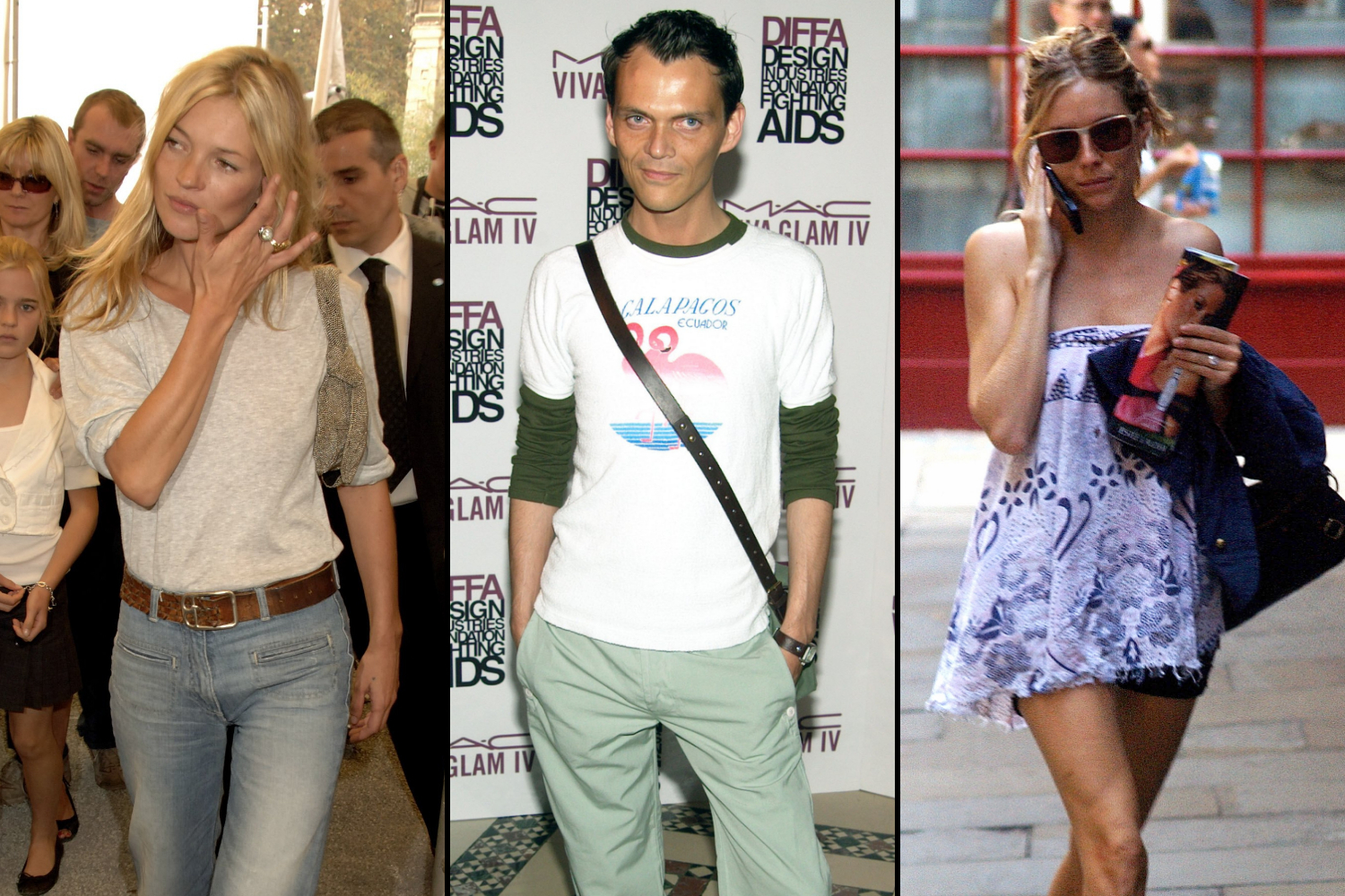Collage of Kate Moss, Matthew Williamson, and Sienna Miller.
