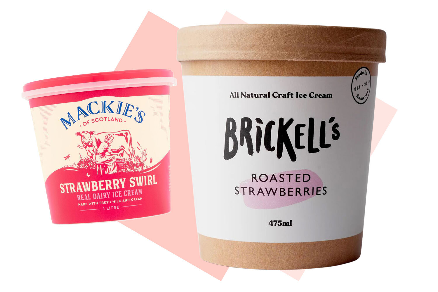Two tubs of strawberry ice cream.