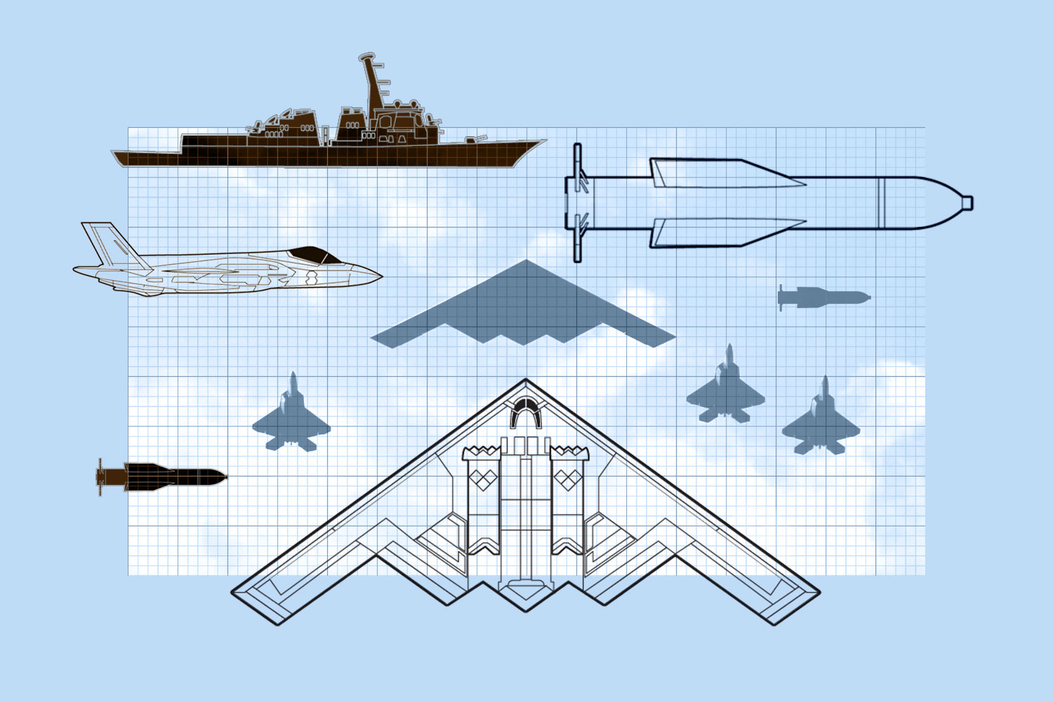 Illustration of military aircraft and ship blueprints.