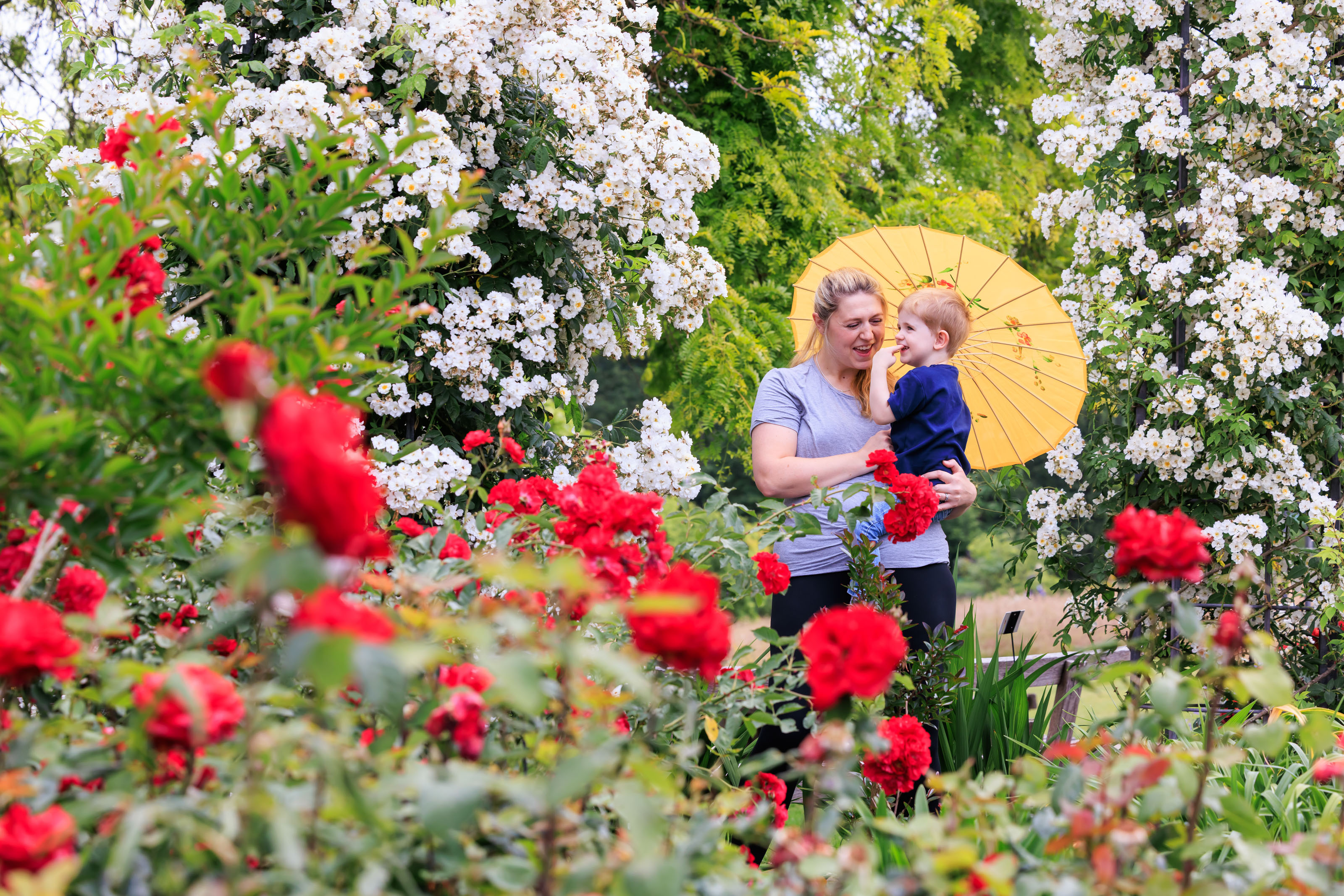 A woman and her young son admire roses at RHS Garden Wisley.